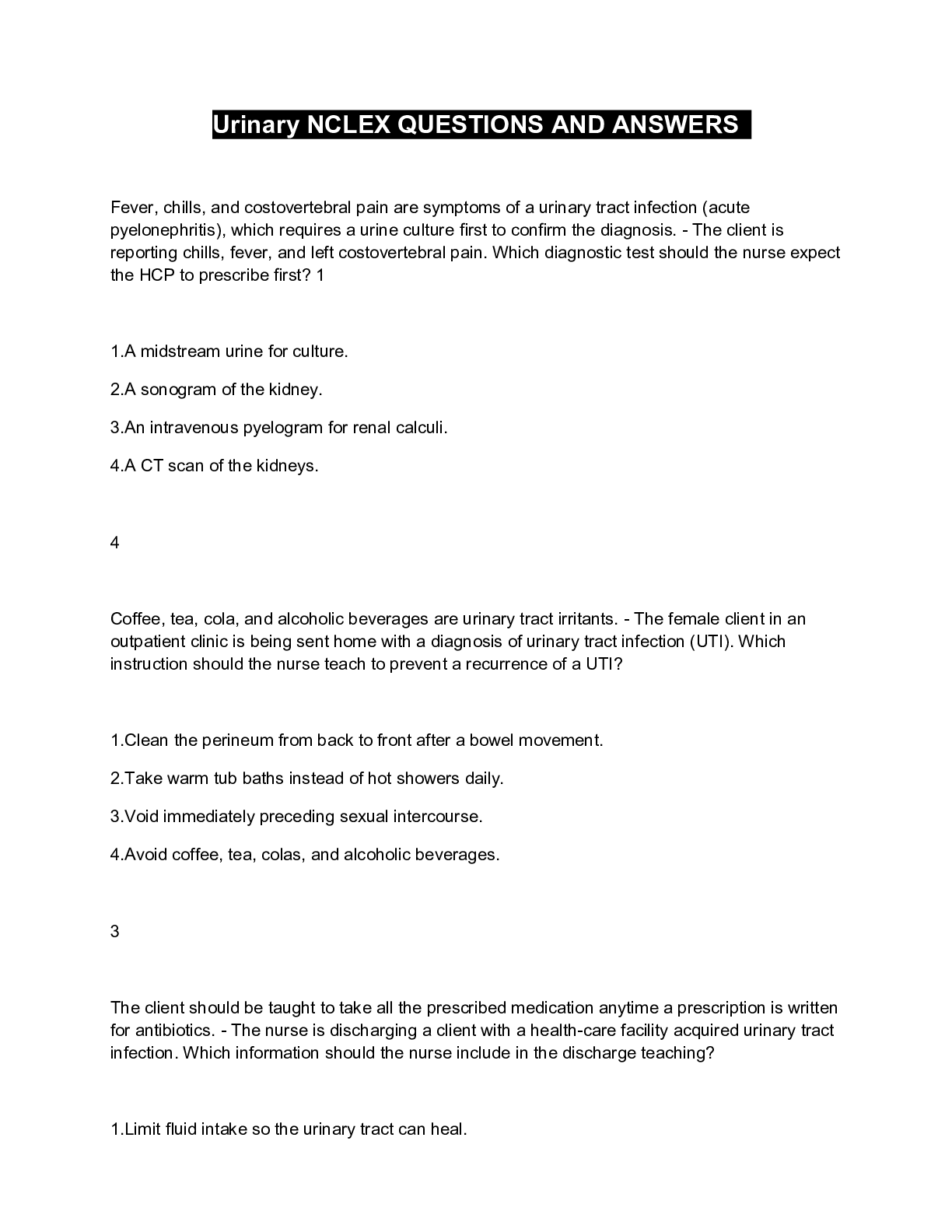 Preview image of Urinary NCLEX QUESTIONS AND ANSWERS document